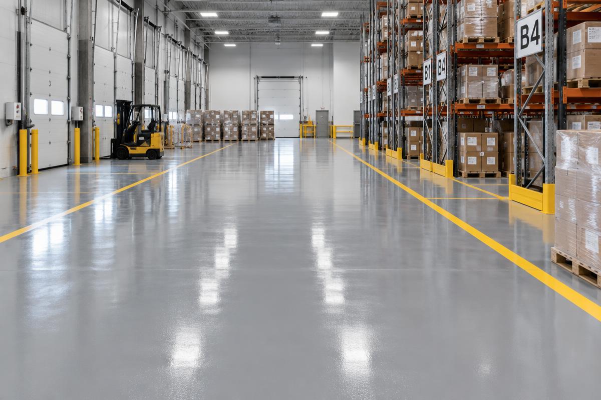 Commercial epoxy floor coating in a Metro Vancouver warehouse with safety line markings